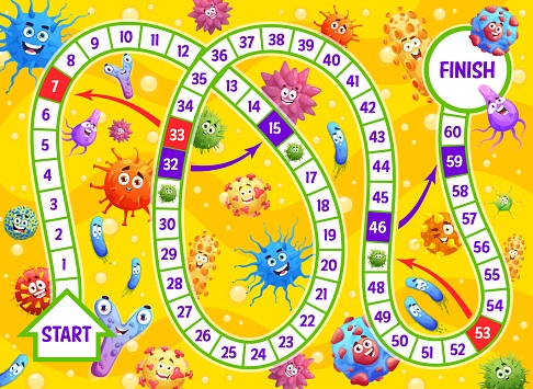 Kids board game, cartoon viruses and microbe cells, vector start and finish tabletop. Kids riddle or puzzle game with labyrinth escape for funny viruses and bacteria infections or germs