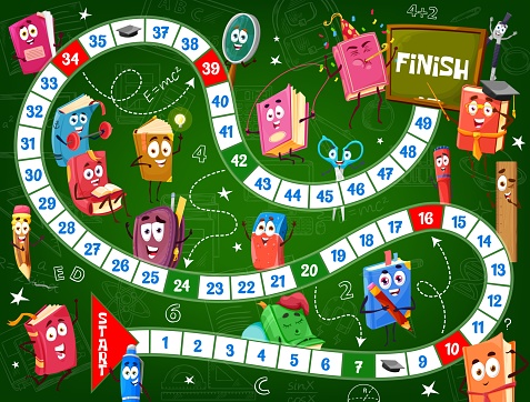 Kids board game, school textbooks and schoolbags, vector education stationery characters. Start and finish tabletop dice game or riddle puzzle with school books, with pencil and rulers on chalkboard