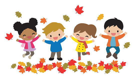Kids Boys and Girls Playing with Falling Leaves in Autumn Vector Illustration.