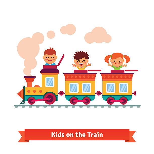 bildbanksillustrationer, clip art samt tecknat material och ikoner med kids, boys and girls riding on a cartoon train - friends riding