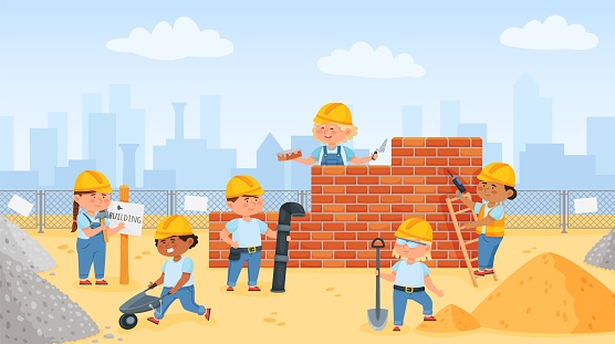 Kids building house together, little builders with construction tools. Cartoon children laying bricks, pushing wheelbarrow vector illustration