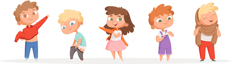 Kids changing clothes. Children dressing pants and shoes parents helping and teaching vector cartoon funny peoples