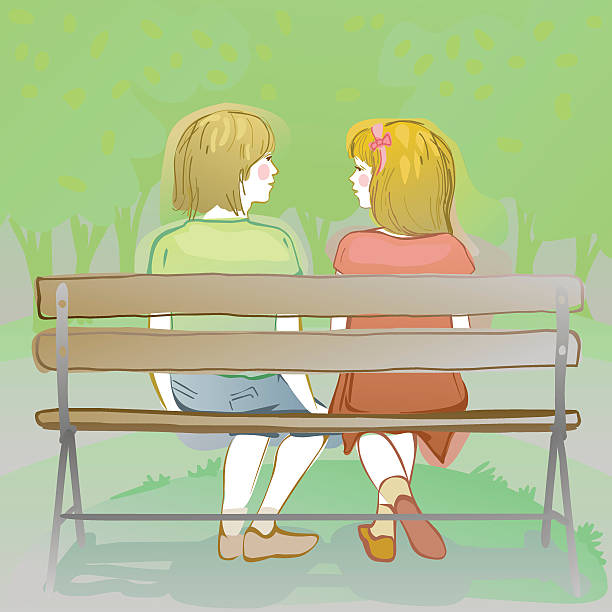 kids chatting on a park bench vector art illustration