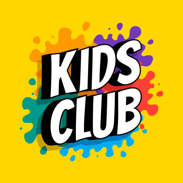 Kids club inscription on the background of colored heels of paints. Vector flat illustration. Kids club colorful poster with inscription on the background of colored heels of paints. Vector flat illustration. Banner of the Children's Center for Creative Development. entertainment club stock illustrations