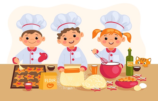 Kids cooking. Little chef characters. Joint food preparation process. Boys and girls prepare biscuits. Cookies making. Children in caps bake gingerbreads and roll out dough. Vector concept