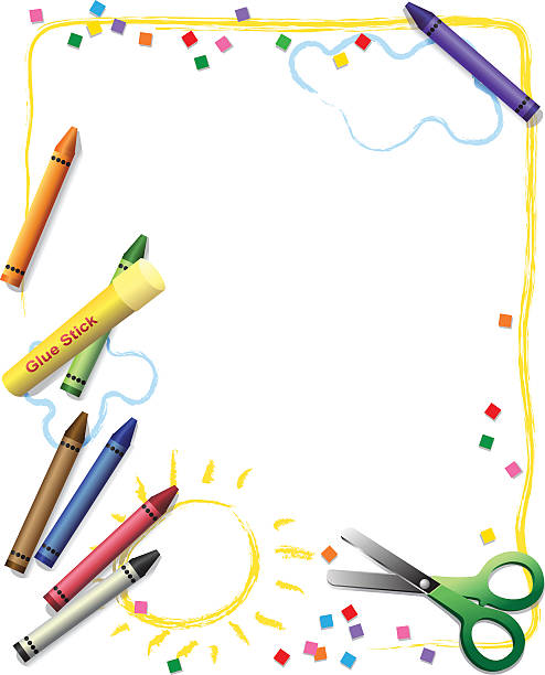 Kids Creativity Frame A frame of crayons, cut paper and scissors has room for text. Elements on separate layers for easy customization. child borders stock illustrations