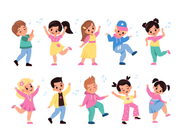Kids dancing. Children characters dance and sing, little happy girls and boys listen melodies, young music lovers, notes in air. Leisure time in school vector cartoon isolated set Kids dancing. Children characters dance and sing, little happy girls and boys listen melodies, young music lovers, notes in air. Leisure time in school or kindergarten vector cartoon isolated set mini fan stock illustrations