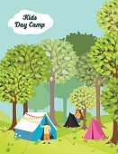 Kids Day Camp In The Woods. Cute cartoon campground with a tent.
