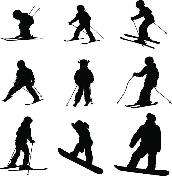 kidsdayskiing - girl skiing silhouette stock illustrations.
