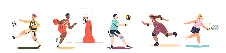 Kids doing sport activities, play football, basketball, tennis, volleyball, riding roller skates. Children and athletic hobby recreation concept. Cartoon flat vector illustration