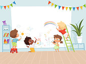 Kids drawing painting. School education process for childrens background of creativity childhood vector picture. Child paint crayon on wall illustration