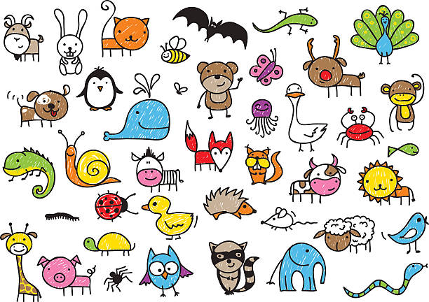 Kid's drawings of animals Cute children's drawing style animals collection dog drawings stock illustrations