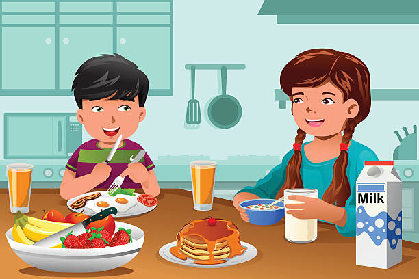 Kids eating healthy breakfast A vector illustration of happy kids eating healthy breakfast at home kitchen clipart stock illustrations