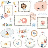 Vector kids illustrations, colorful design elements and hand drawn frames. Good for children's cloths, package, labels, promo signs, books covers, greeting cards and invitations.