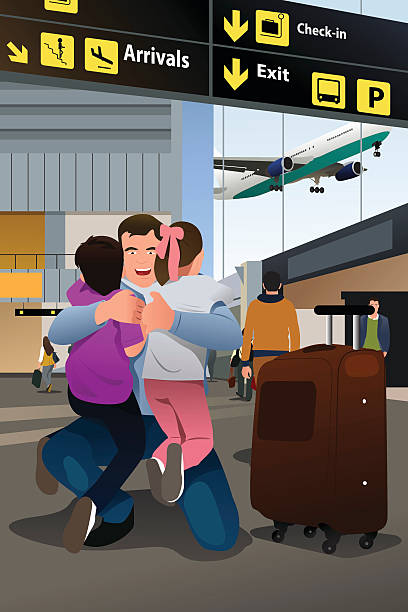 Kids Father Reunion A vector illustration of kids reunion with their father at airport cartoon of the family reunions stock illustrations