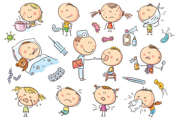 Kids Feeling Unwell Doodle kids suffering from different illnesses like flu or headache. No gradients used, easy to print and edit. Vector files can be scaled to any size. pain drawings stock illustrations