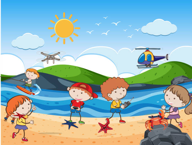 ilustrações, clipart, desenhos animados e ícones de crianças sobrevoando drones praia de férias - drone sobrevoando o mar