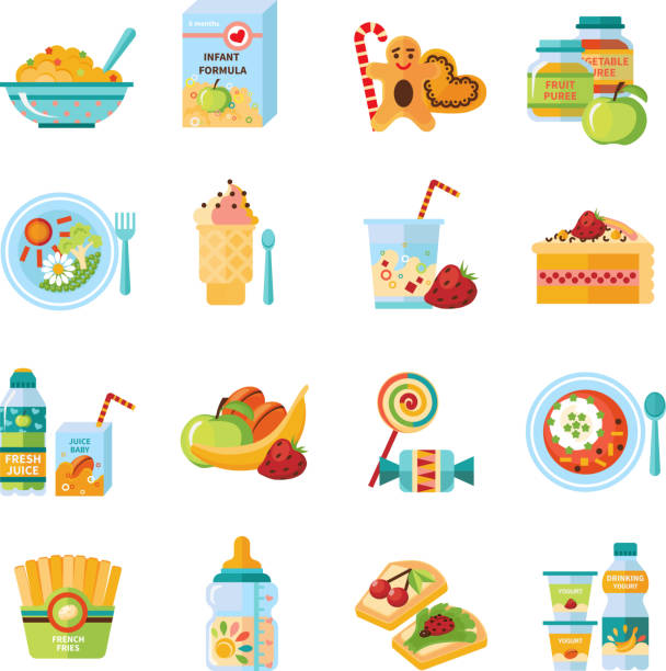 ilustraciones, imágenes clip art, dibujos animados e iconos de stock de conjunto de nutrición alimentaria para niños - baby formula