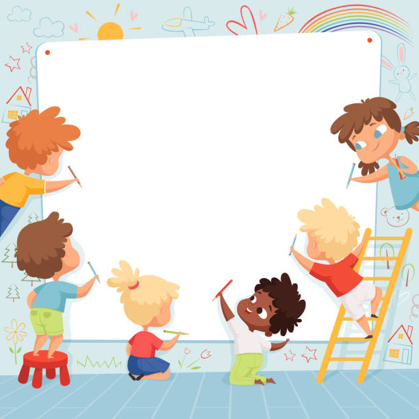 Kids frame. Cute characters childrens painting drawing and playing empty place for text vector template Kids frame. Cute characters childrens painting drawing and playing empty place for text vector template. Kids drawing on white banner, characters preschool painter illustration education borders stock illustrations