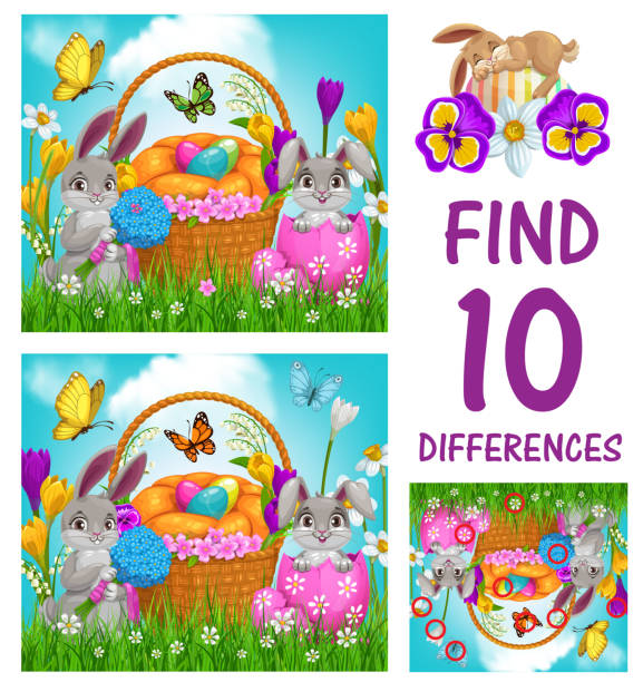 bildbanksillustrationer, clip art samt tecknat material och ikoner med barn spel av hitta tio skillnader med påskägg - easter egg