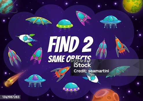 istock Kids game with spaceships and rockets, worksheet 1341987283