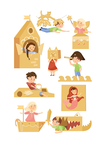 Kids games in cardboard box costumes set