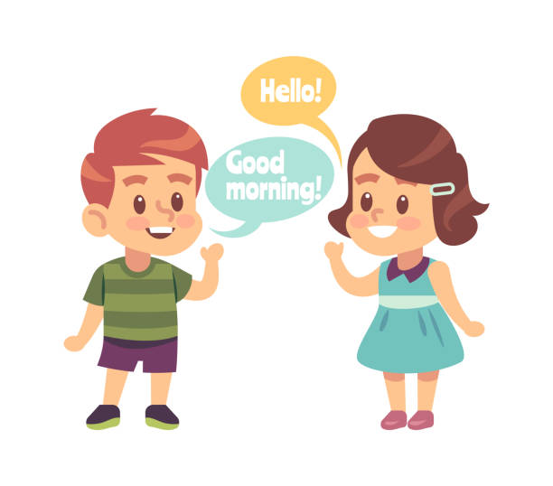 Kids good manners. Boy says good morning and girl with hello word in speech bubble, children greeting and thankful behavior, symbol of friendship. Flat vector cartoon isolated illustration Kids good manners. Happy boy says good morning and smiling girl with hello word speech bubble, children greeting and thankful behavior symbol of friendship. Flat vector cartoon isolated illustration thank you kids stock illustrations