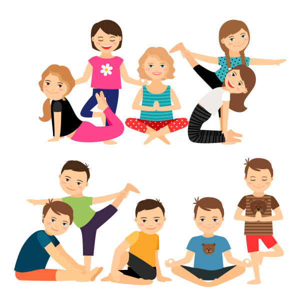 ilustrações de stock, clip art, desenhos animados e ícones de kids groups in yoga poses - yoga crianças