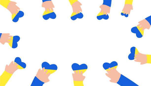 Kids hands holding hearts in blue and yellow colors, making circle. Love Ukraine concept. Place fot text, vector background. Kids hands holding hearts in blue and yellow colors, making circle. Love Ukraine concept. Place fot text, vector background. ukraine stock illustrations