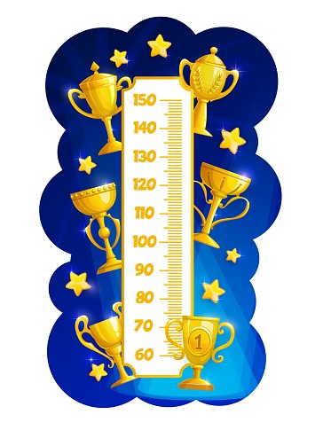 Kids height chart ruler, golden trophy cup prizes