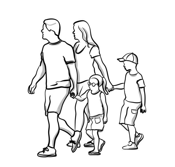 Kids Holding Hands To Cross family holding hands with their kids to cross the street family drawings stock illustrations