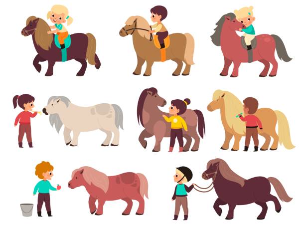 子供の馬。かわいい子供と小さなポニーのキャラクター、男の子と女の子の乗り物、若い騎手と小さな馬、動物療法。ペットに餌を与え、世話をする。ベクター漫画フラット分離セット - 乗馬点のイラスト素材／クリップアート素材／マンガ素材／アイコン素材