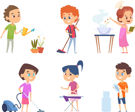 Kids housework. Childrens helping to their parents cleaning windows showering collect toys vector cartoon characters