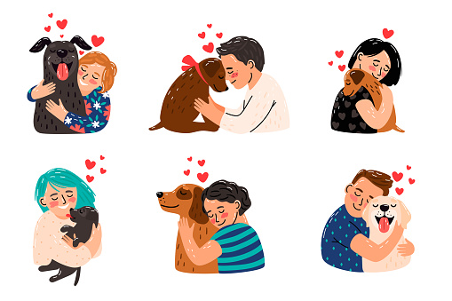 Kids hugging dog pets