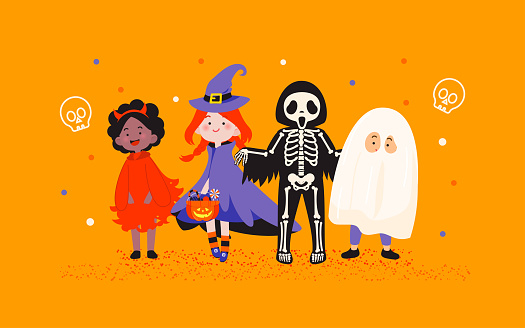 Kids in Halloween costumes party vector illustration. Group of Devil, Witch, Skeleton man and Spooky Ghost isolated on orange background