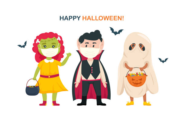 Kids in halloween costumes wearing surgical protective medical mask. New normal Halloween celebrate. COVID-19 coronavirus prevention. Kids in halloween costumes wearing surgical protective medical mask. New normal Halloween celebrate. COVID-19 coronavirus prevention. Vector cartoon illustration. trick or treat stock illustrations