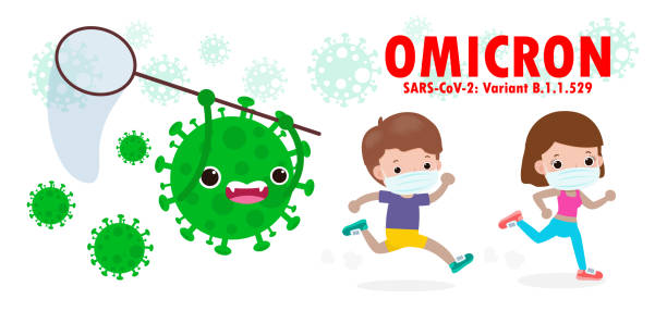 kids in panic running away from particles of omicron 21 covid variant b.1.1.529. coronavirus spreading on south africa isolated on white background vector illustration - south africa covid stock illustrations
