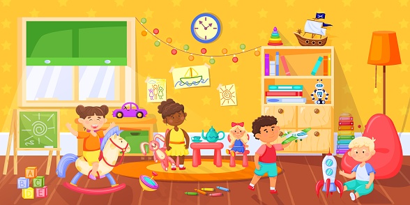 Kids in playroom. Happy children playing with toys in montessori kindergarten. Playful toddlers in preschool classroom vector illustration