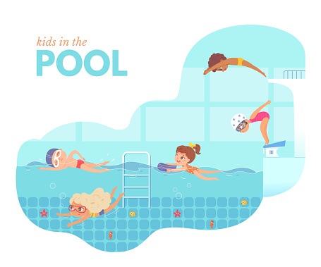 Kids in swimming pool. Children jumping into water vector illustration. Swimmers exercising in class. Little happy boys and girls underwater, diving, freestyle swimming in swimwear