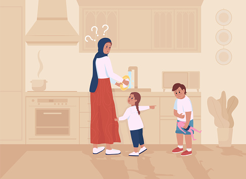 Kids in trouble with mom flat color vector illustration