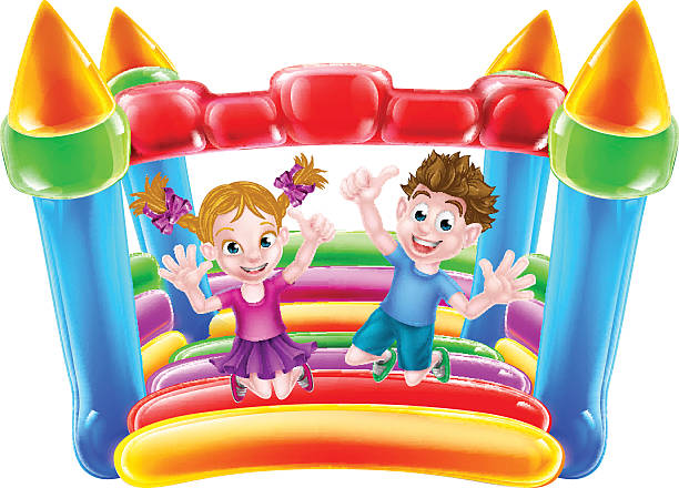 Kids Jumping on Inflatable Castle A boy and girl jumping on a bouncy house or infaltable castle clip art of kid jumping on trampoline stock illustrations