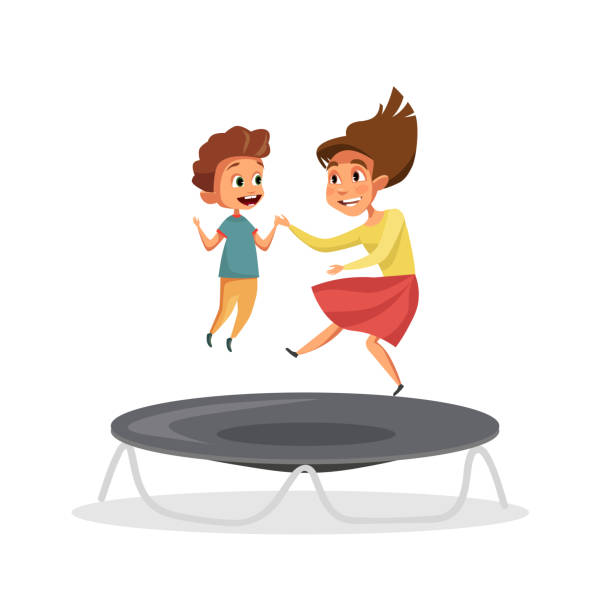 Kids jumping on trampoline vector illustration Kids jumping on trampoline vector illustration. Little brother and older sister cartoon characters. Happy children, friends having fun together. Childhood friendship, active leisure, pastime clip art of kid jumping on trampoline stock illustrations