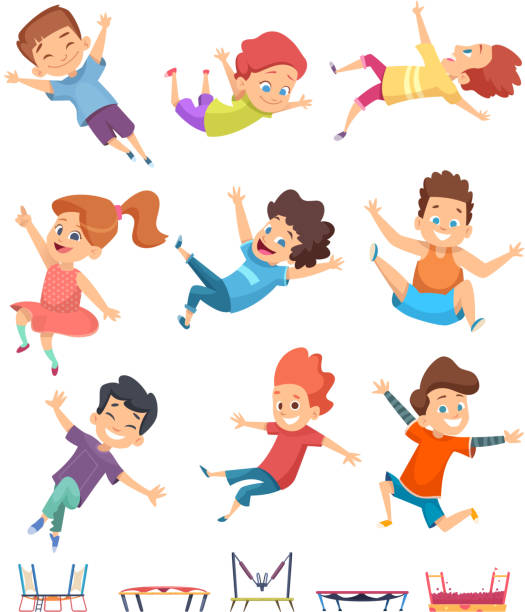 illustrazioni stock, clip art, cartoni animati e icone di tendenza di bambini che saltano. trampolino bambini atletici giocando su parco giochi attivi giochi vettoriali persone cartone animato - tappeto elastico
