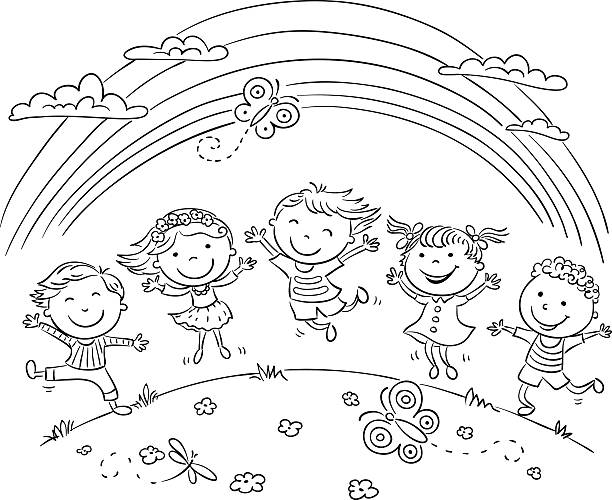 Kids jumping with joy on a hill under rainbow Kids jumping with joy on a hill under rainbow, black and white outline. coloring pages stock illustrations