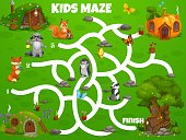 Kids labyrinth maze game fairy houses and dwellings. Vector boardgame help forest animals find homes in forest. Child riddle with cute cartoon characters fox, squirrel, raccoon with badger or hedgehog
