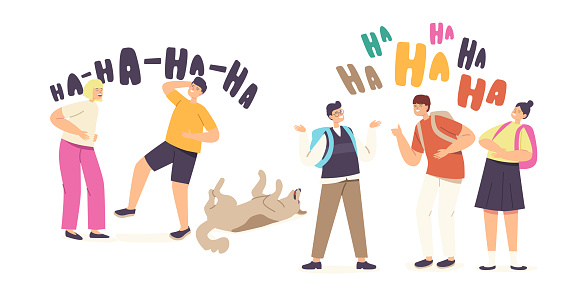 Kids Laughing Concept. Happy Girls and Boys Characters Laugh Expression, Funny Children and Dog Chortle, Ha-ha Emotion