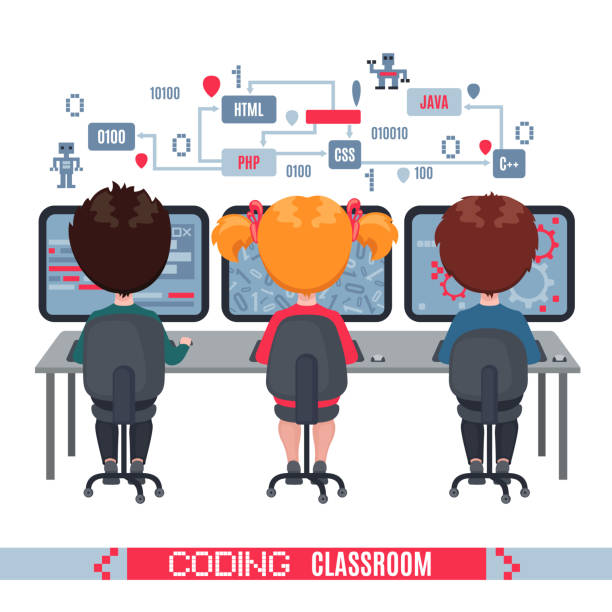 Kids learn coding on laptops in school. Kids learn coding on laptops in school. Concept of informatics lesson at school. Vector illustration isolated on white background. Design for banner, poster or website. broadcast programming stock illustrations