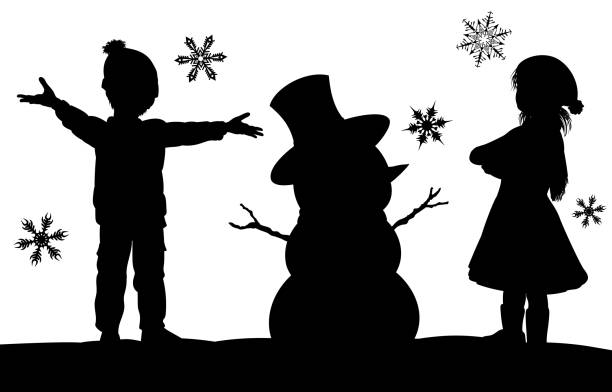 Kids Making Snowman Christmas Silhouette Scene A Christmas winter silhouette scene with a kids having fun in the snow building a snowman with snowflakes falling winter silhouettes stock illustrations
