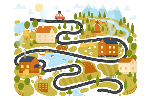 Kids map of village for travel adventure, childish game world with car on road, houses