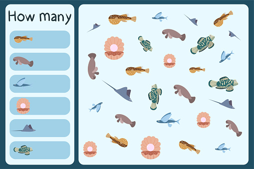 Kids mathematical mini game - count how many sea animals - puffer fish, manatees, flying fish, shal with pear, stringray, mandarin.